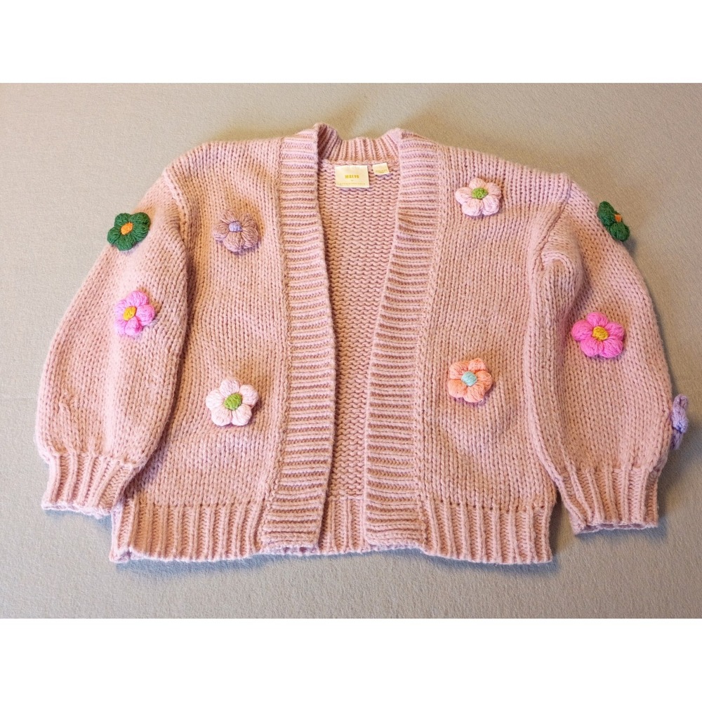 Maeve Anthropologie Chunky‎ 3D Flower Knit Cardigan O/S Pink Sweater Has Flaw - Picture 11 of 13
